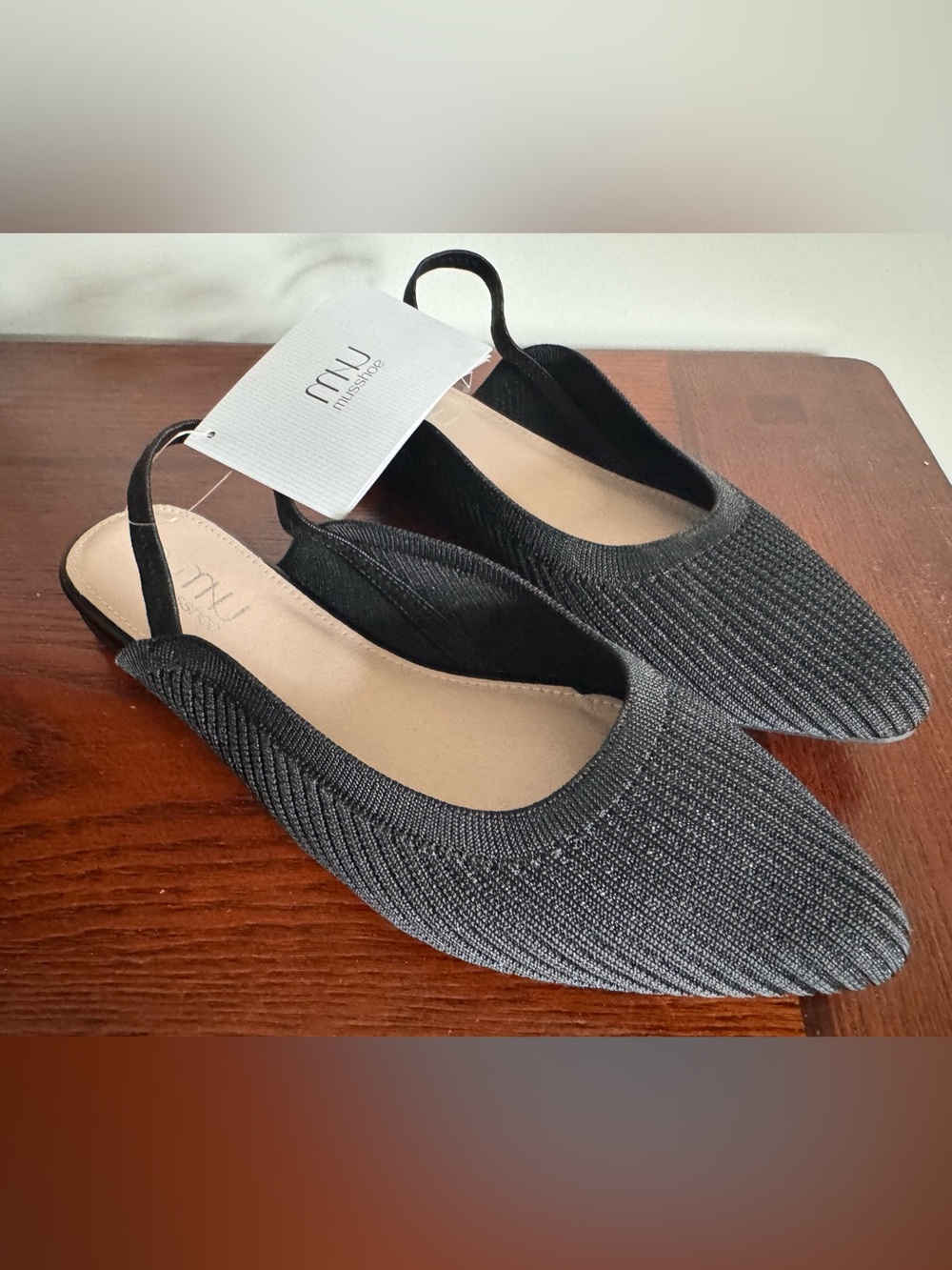 Mu Black Knit Pointed Slingback Flats